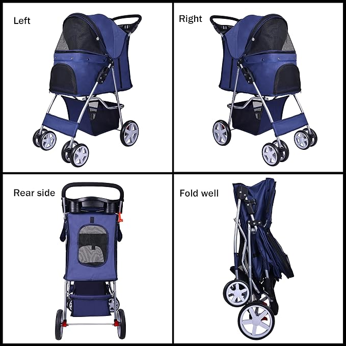 Elevon Pet Stroller, 4 Wheels Multifunction Dog Cat Stroller, Folding Portable Travel Stroller with Detachable Carrier, Suitable for Medium Small Dogs Cats, Blue
