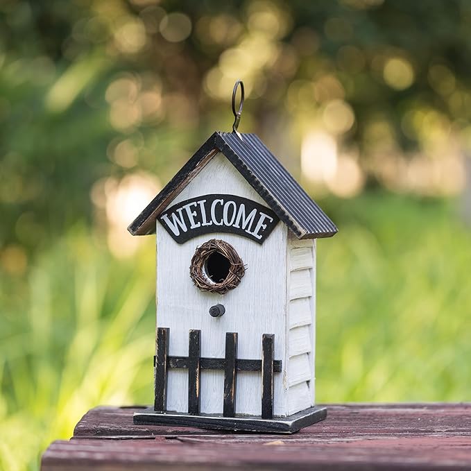 Glitzhome Bird Houses for Outside, Birdhouses for Outdoors, 11" H Washed White Solid Wood Bird Houses Fence Garden Hanging Birdhouses for Bluebird Swallow Sparrow Hummingbird Finch Cardinals