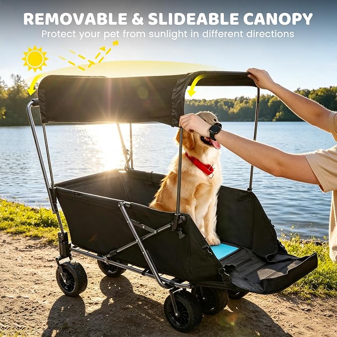 REDCAMP Folding Dog Wagon with Canopy, 150lbs Dog Stroller with 6 Wheels | Collapsible Utility Cart with 17.3" Extendable Ramp for 2 Medium Dogs Large Dog, All-Terrain Wheels with Brake for Senior Pet