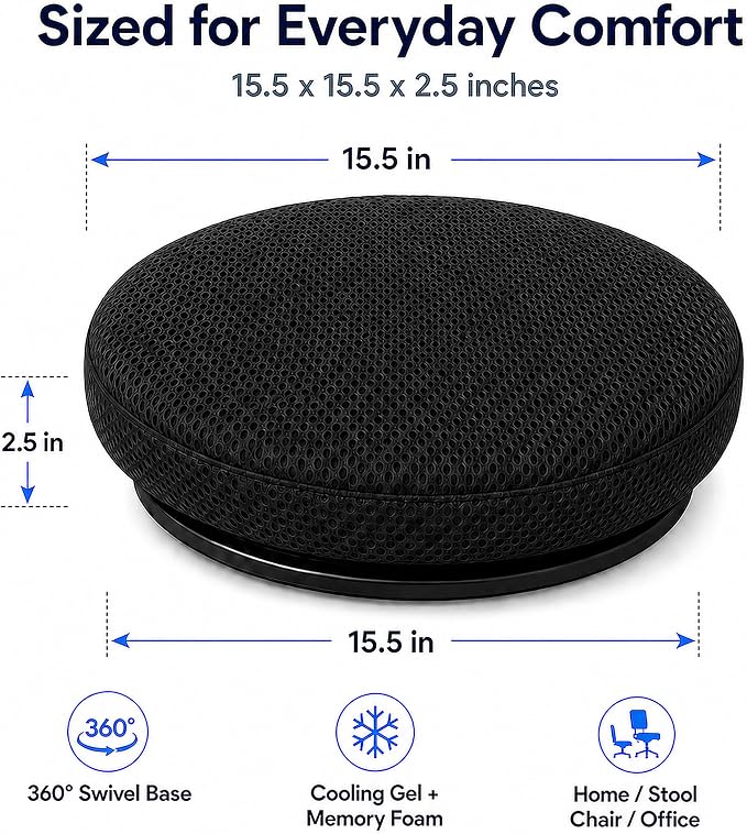 Sojoy iGelComfort Deluxe Gel Swivel Seat Cushion with Supportive Memory Foam 360 Degrees Rotating Seat Cushion for Home,Stool Chair,Office (Black, 15.5 * 15.5 * 2.5 - Mesh)