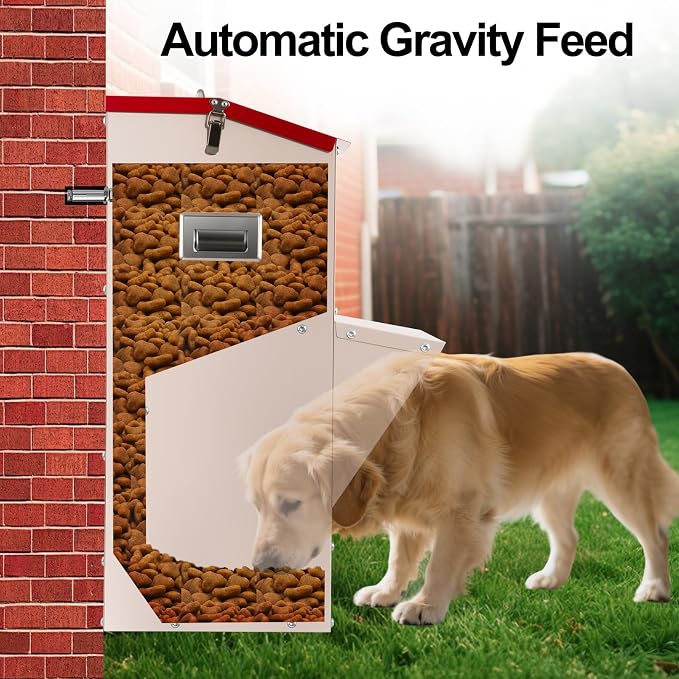 Outdoor Gravity Dog Feeder, 50 lb Large Capacity Automatic Dog Food Dispenser, Heavy Steel Weather-Resistant Pet Feeder with Clear Viewing Door, Wall or Ground Mount for Large Dogs