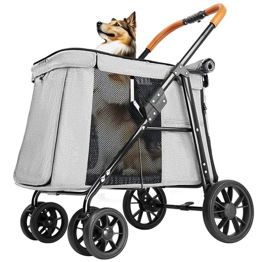 Pet Stroller for Large & Medium Dogs up to 70 lbs, 4-Wheel Extra Large Dog Stroller with 3-Way Entry & Sunshade, Heavy Duty Puppy Wagon with One-Click Folding, All-Terrain & Ventilated, Gray