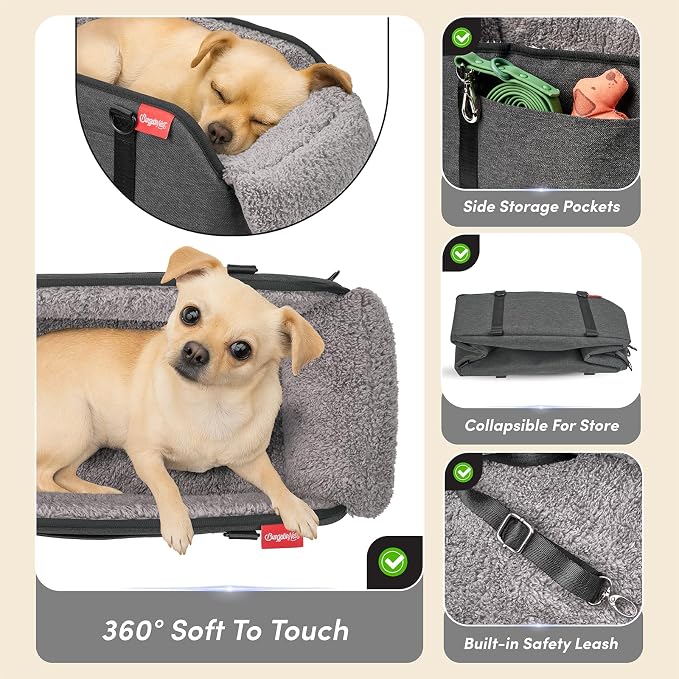 BurgeonNest Center Console Dog Car Seat for Small Pets to 11lbs, Grey | Anti-collapse armrest Console seat with washable fluffy cushion, pillow & tether for stable, cozy pet travel trips.