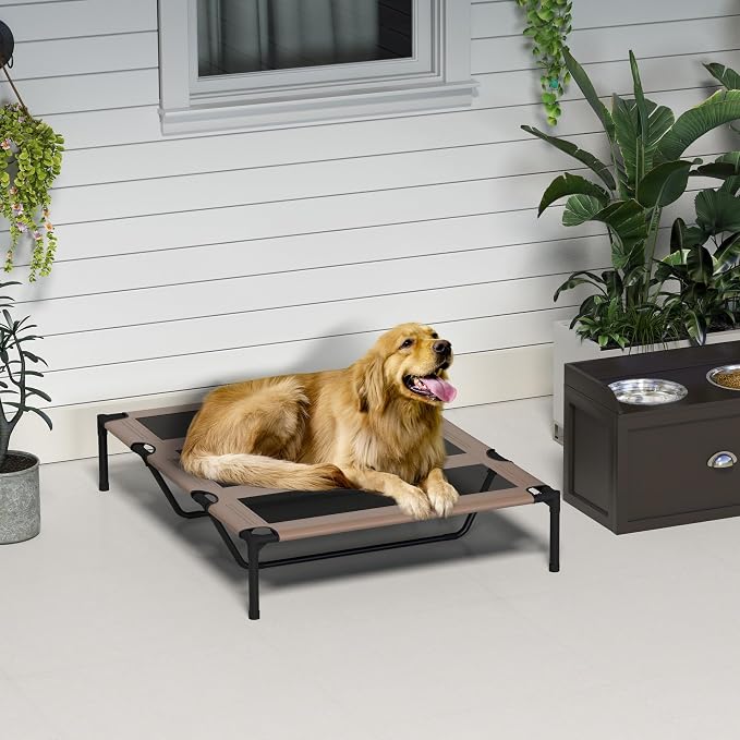 PawHut XL Elevated Dog Bed Outdoor Raised Dog Bed w/Carry Bag Tan | Portable Pet Cot, Metal Frame, Breathable Mesh, Indoor and Outdoor
