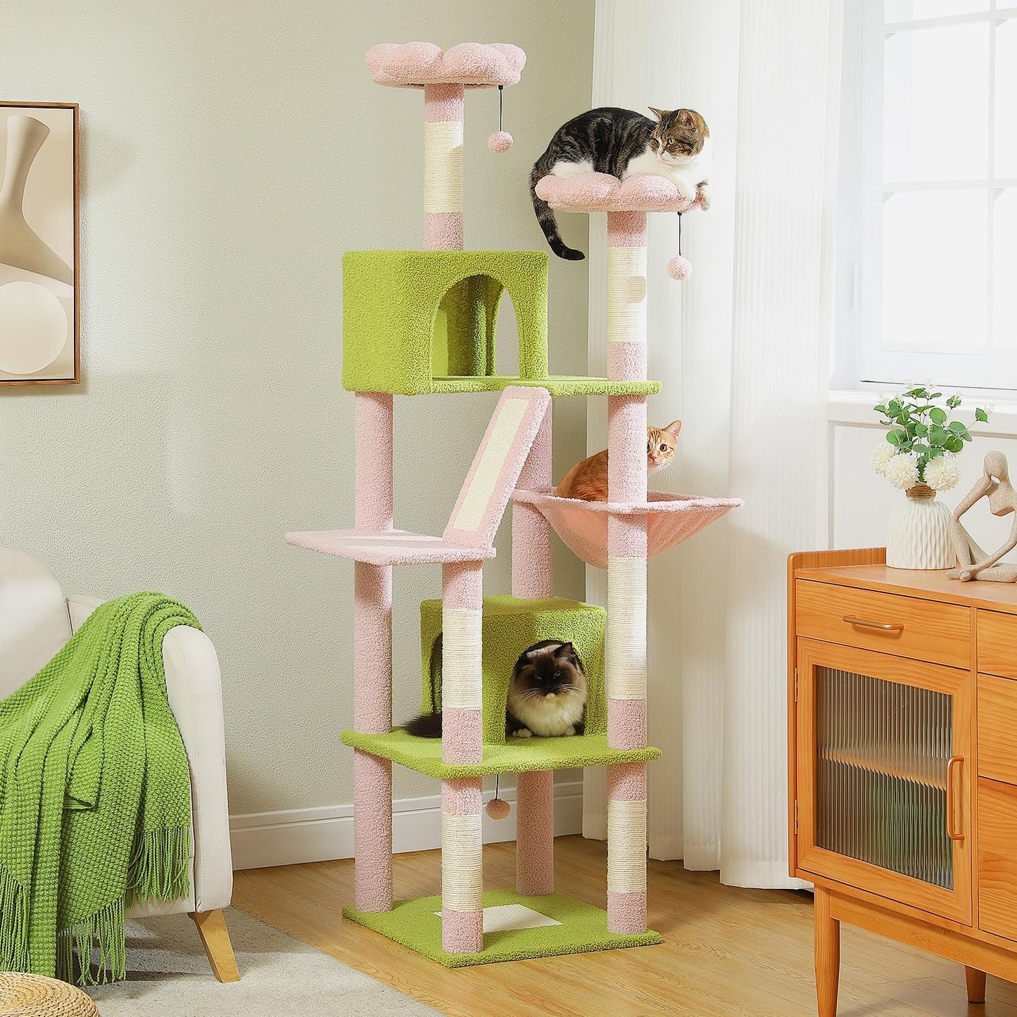 PAWZ Road 70 Inch Cat Tower, Pink Cat Tree with 2 Cozy Condos, 2 Plush Perch, Large Basket, 2 Scraching Pad & 6 Scraching Posts for Indoor Cats Large Adult