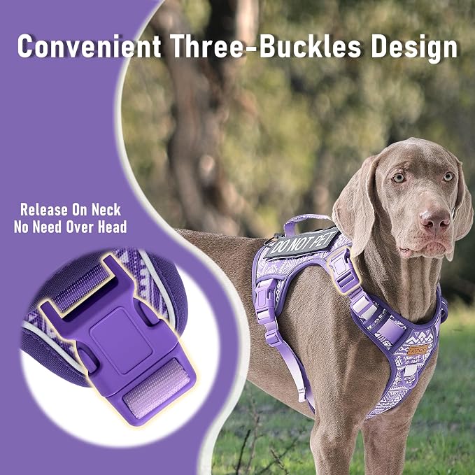 AUNZO Tactical Dog Harness for Large Dogs No Pull Easy Walking Adjustable Pet Harness Reflective K9 Working Training Easy Control Pet Vest Military Service Dog Harnesses Purple Ethnic L