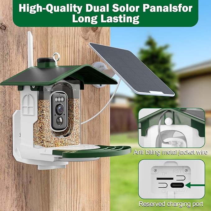Jarkyfine Smart Bird Feeder with Camera Solar Powered - AI Bird Identification, 2.4Ghz WiFi, 2K HD Video Live Stream Camera, 3MP Photos, 2.9in Focus, Gifts for Mom Dad Birdlovers, Green