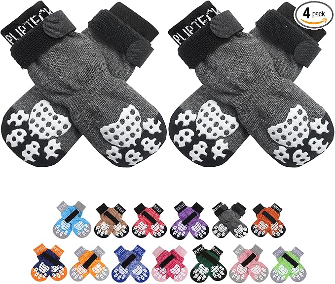 PUPTECK Anti-Slip Dog Socks with Double Sides Grips for Small Medium Large Dogs Hardwood Floors Prevents Licking, Dog Shoes for Hot Pavement Traction Control Paw Protector for Senior Dogs, Grey XS