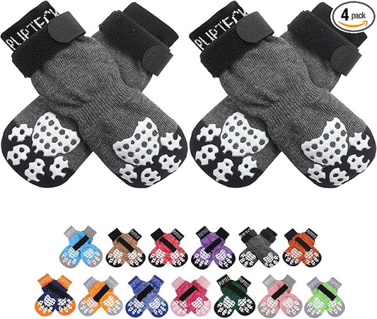 PUPTECK Anti-Slip Dog Socks with Double Sides Grips for Small Medium Large Dogs Hardwood Floors Prevents Licking, Dog Shoes for Hot Pavement Traction Control Paw Protector for Senior Dogs, Grey XXS