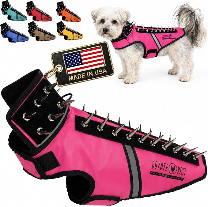CoyoteVest SpikeVest Dog Harness, Made in the USA, S-Neon Pink | Stab-Resistant Protective Vest | Coyote Vest for Dogs | Defends Against Coyotes, Dogs, Birds of Prey | Reflective Safety