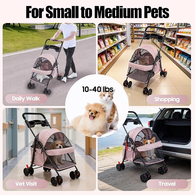 Pet Stroller for Small Medium Dogs Cats, Lightweight Foldable Pet Wagon with 360° Front Wheels & Brake, 40 lbs Capacity Carrier for Park Travel Shopping, Breathable Mesh Basket (Pale Pinkish Grey)