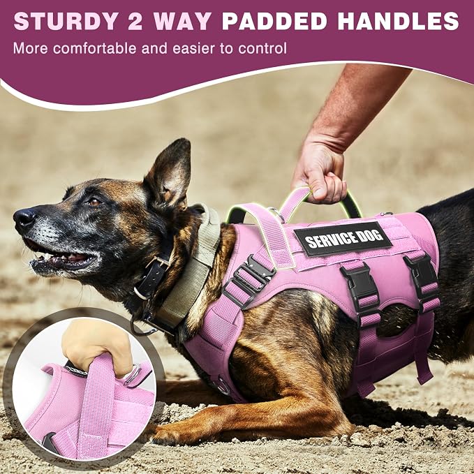 Service Dog Vest Harness for Large Dog, Tactical Working MOLLE Vest with 10 Pet Patches, No Pull Heavy Duty Harness for Training Walking