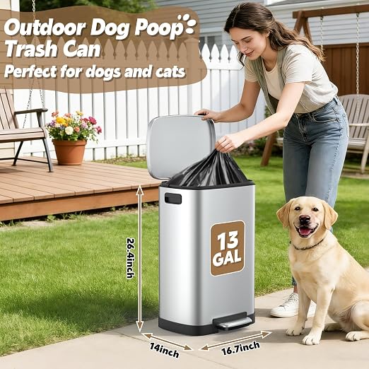 Dog Poop Trash Can Outside, 50L/13 Gal Waterproof & Odor Control Outdoor Trash can, Stainless Steel Dog Waste Container with Foot Pedal & Lid, Heavy-Duty Pet Poop Bucket for Patio（Silver）