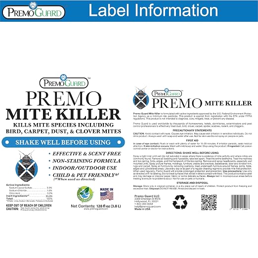 Premo Guard Natural Mite Spray – Large 128 oz Bottle – Plant Based Treatment for Dust, Spider, Carpet, Bird, Rat Mites – Safe for Families, Pet, Home, Bedding & Furniture When Used As Directed