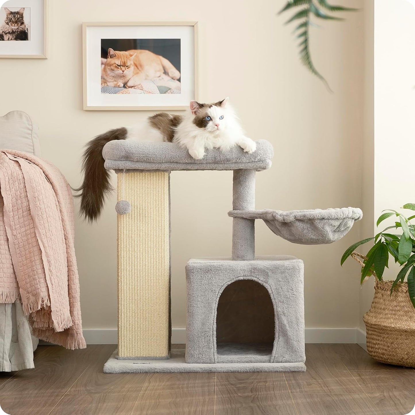 Ouritsu Cat Tree, 27 inch Cat Tower for Large Cat Indoor, Enlarged Condo, 1 Widened Padded Perch, Luxury Tall Scratching Post, Fluffy Basket, Light Gray, MF002GA