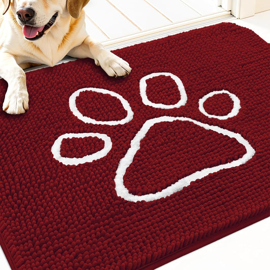 OLANLY Door Mat for Muddy Dog Paws 30x20, Ultra Absorbent Chenille Mud Doormat with Paw Print Design, Non-Slip Washable Doormat for Indoor Entryway, Quick-Dry Pet Bed Mats for Dirty Dogs, Red