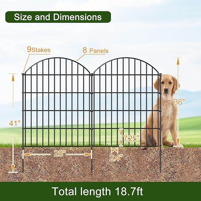 FOREHOGAR Metal Garden Fence 36in (H) x 18.7ft (L), 8 Panels +9 Stakes Dog Fence Border Fence Animal Barrier, No Dig Garden Fencing for Yard Flower Bed Lawn Patio Outdoor,CTW3608 Black
