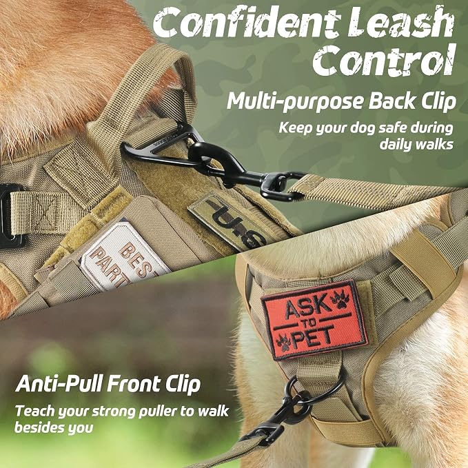 rabbitgoo Tactical Dog Harness for Large, Heavy Duty Military No Pull Vest | Sturdy Metal Buckles, 5 Adjustments, Molle System, Powerful Pullers for Training, Hunting, Outdoor, Brown, Large