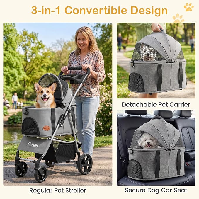 PETSITE 3-in-1 Pet Stroller for Small Medium Dogs, One-Click Foldable Dog Stroller with Detachable Carrier, Cup Holder & Storage Basket, Safety Leash, One-Step Rear Brake, Breathable Window (Grey)