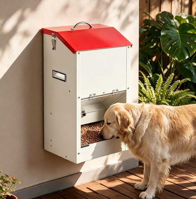 25lbs Automatic Dog Feeder Large Breed Gravity Dog Food Dispenser | Internal Door Lock‑in Design, Heavy Duty Galvanized Dog Feeder, for Multiple Dog Breeds Pets Indoor Outdoor