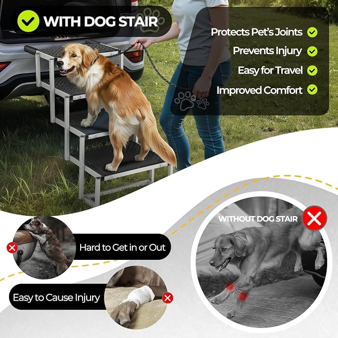 Auto Dynasty Dog Stairs for Car - 4 Steps Wide 31.4in High 25in Foldable Dog Ramp for Car Non-Slip Surface Support up to 150lbs - Suitable for SUV,Truck, Sofas, Bed/Couch