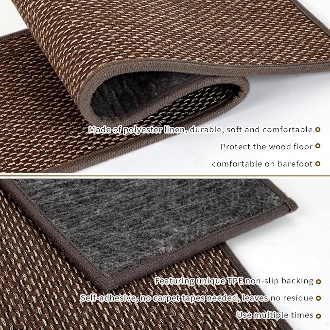 Stair Treads Non Slip for Wooden Steps Indoor 9" x 30" 15 Pack Extra Wide Stair Tread Carpet Stairs Runner, Step Pads with Reusable Adhesive for Dogs Kids Elders, Machine Washable, Brown