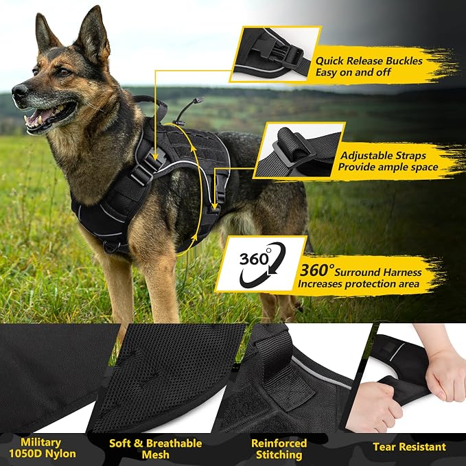 WINGOIN Black Tactical Dog Harness for Large Dogs,No Pull Dog Harness | Heavy Duty with Handle,Adjustable Reflective,Military K9 Style,Big xl Size Dog Vest,for Husky Doberman,for Walking Training