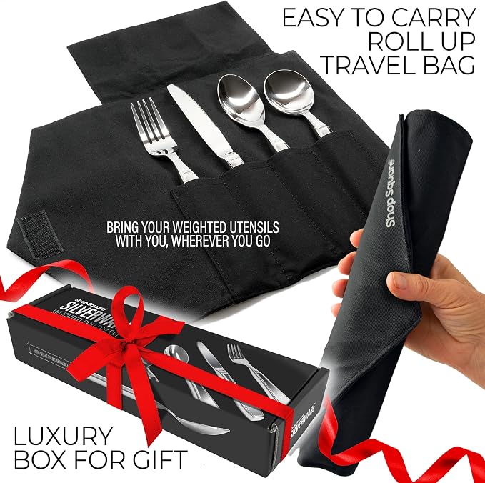 Weighted Utensils for Hand Tremors and Parkinson's Patients - 4 Piece Set Weighted Silverware for Elderly, Arthritis, Weak Hand Grip - Convenient Travel Bag, Stainless Steel, 7 Oz