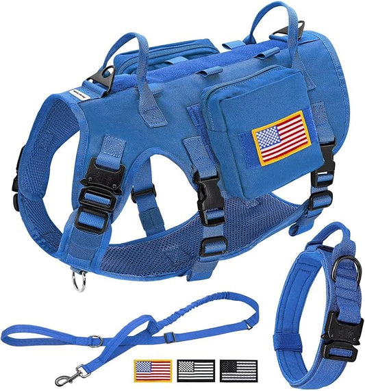 Forestpaw Tactical Dog Harness Collar Bungee Leash Set,M,Blue | Adjustable Fits 22-35" Chest,30-80 lbs,No Pull Control Military Style,Quick Release Buckle,Walking Training for Medium Dogs