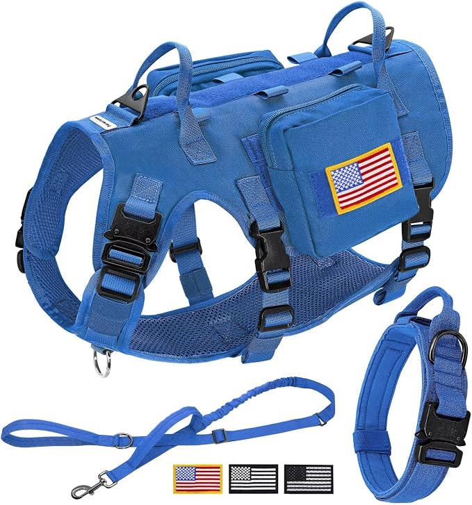 Forestpaw Tactical Dog Harness Collar Bungee Leash Set,L,Blue | Adjustable Fits 27-40" Chest,70-140 lbs,No Pull Control Military,Quick Release Buckle,Walking Training for Medium Large Dogs