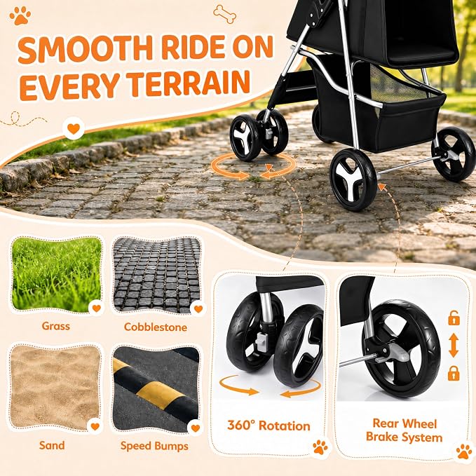 ZENY Foldable Pet Stroller, Cat/Dog Stroller with 4 Wheel, Pet Travel Carrier Strolling Cart with Storage Basket, Cup Holder (Black)