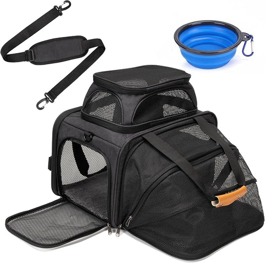 Expandable Pet Carrier Bag - Airline-Approved, Breathable Mesh, Secure Zippers, Padded Handle & Multi-Pockets (Dark Grey)