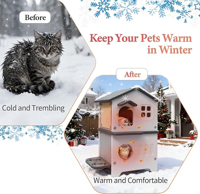 Insulated Cat House Outdoor Plastic Cats Shelter Outside with Cat Bowls | Weatherproof, Durable Plastic, with Elevated Cat Bowls, Cat Scratch Pad , Escape Door, 2-Story, Waterproof ,for Multiple Cats