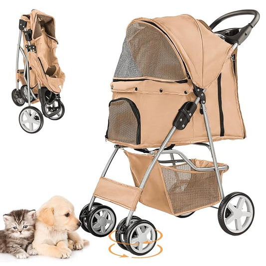 Pet Stroller for Small Dogs and CatsQuick-Folding Portable Travel Cat Dog Stroller with Storage Basket and Cup Holder, 4 Wheels, Beige