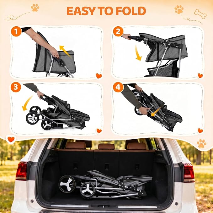 ZENY Foldable Pet Stroller, Cat/Dog Stroller with 4 Wheel, Pet Travel Carrier Strolling Cart with Storage Basket, Cup Holder (Grey)