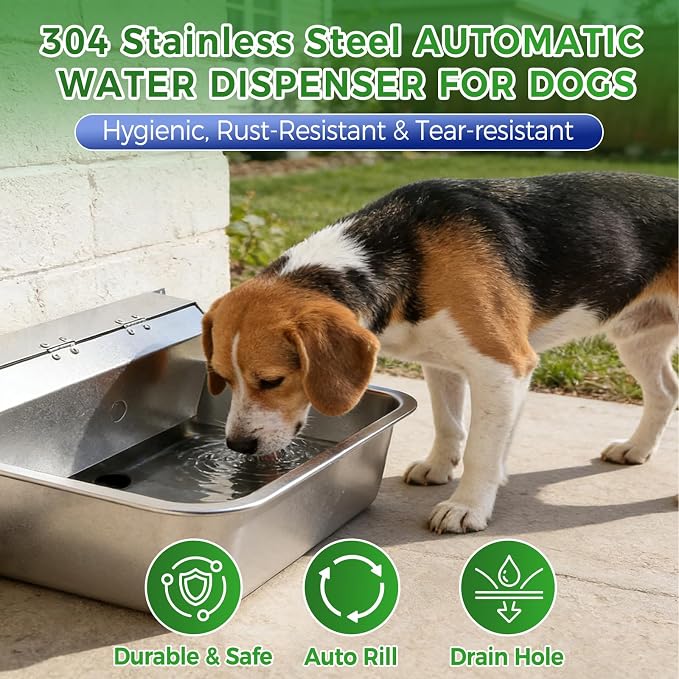 Automatic Dog Water Dispenser with Drain Hole, 304 Stainless Steel Auto Water Dog Bowl with Float Valve, Hose Quick Connect Fitting, Automatic Livestock Waterer for Horse, Chicken (4 Gallons)