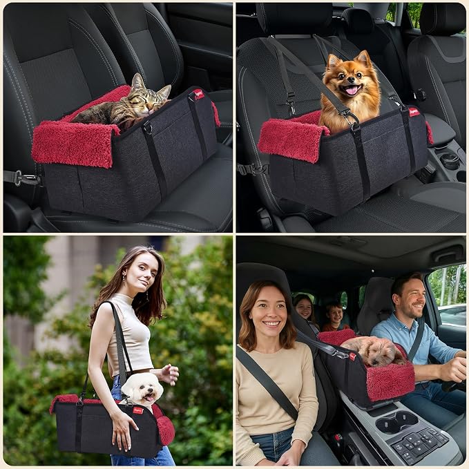 BurgeonNest Center Console Dog Car Seat for Small Pets to 11lbs, Red | Anti-collapse armrest Console seat with washable fluffy cushion, pillow & tether for stable, cozy pet travel trips.