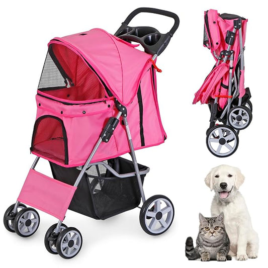 LEMY Foldable Pet Stroller,4 Wheels Cat/Dog Stroller with Weather Cover for Small/Medium Dogs and Cats,Pink Pet Strolling Cart with Storage Basket and Cup Holder