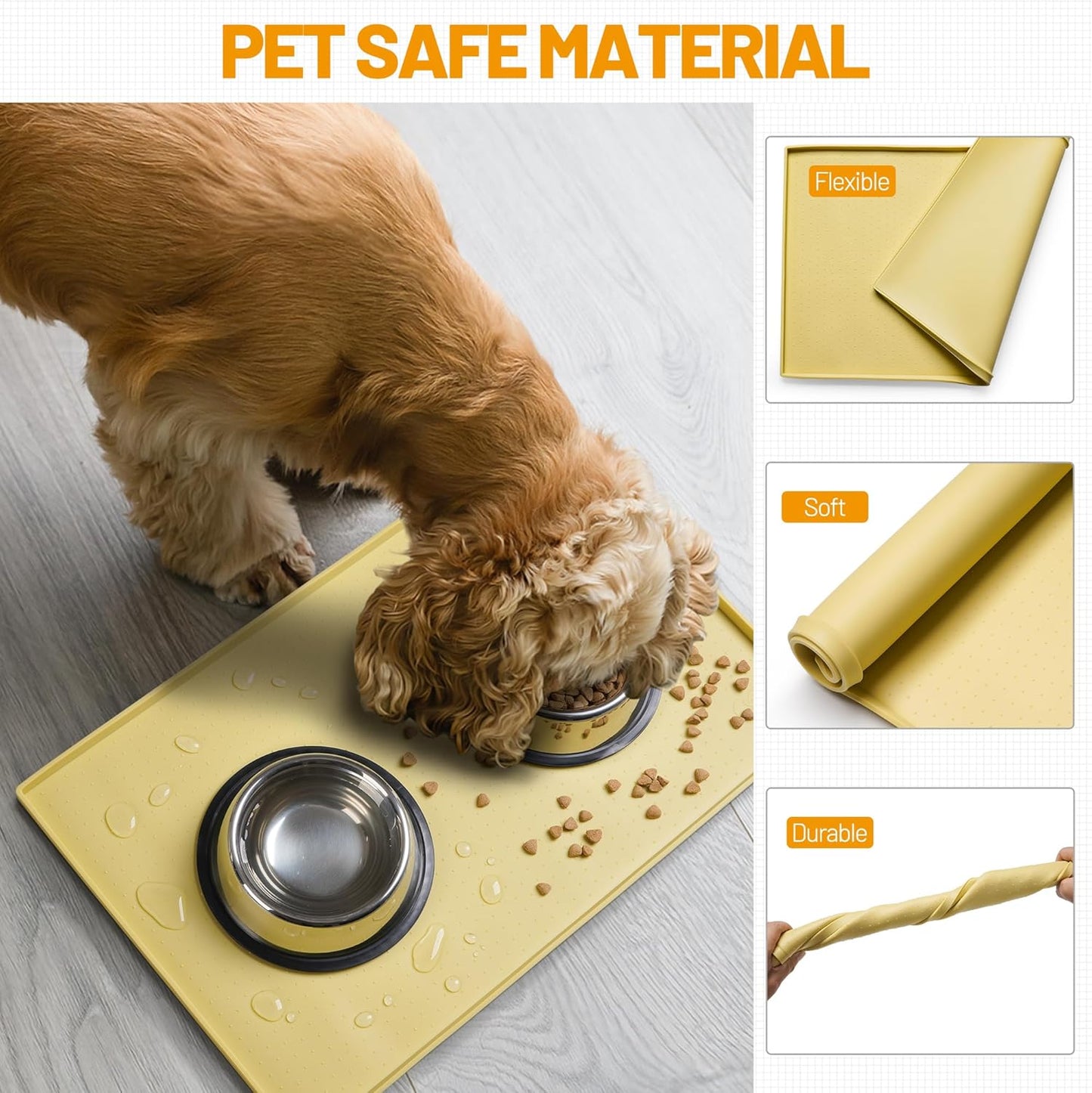 Hubulk Dog Feeding Mat,100% Waterproof Food Grade Silicone Pet Food and Water Bowl Placemat,Dishwasher, High Raised Edge to Prevent Spills,Nonslip Tray to Stop Messes on Floor (24"x16"x0.5", Yellow)