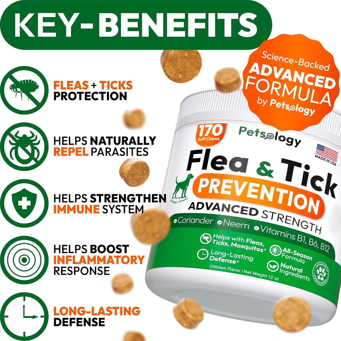 Flea and Tick Prevention for Dogs Pills - Natural Dog Flea & Tick Control - 170 Soft Chewables - Oral Defense Treatment for Dogs Supplement - Vet Formulated Chews - All Breeds & Ages - Made in USA