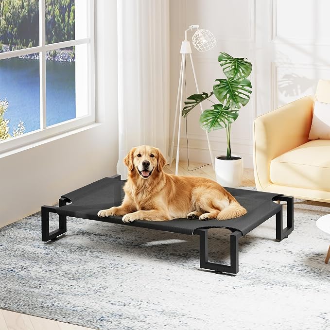 Elevated Dog Bed,Raised Outdoor Dog Bed for Large Sized Dogs Black | Portable Cooling Dog Cot with Washable Breathable Teslin Mesh,Waterproof Pet Bed for Indoor,Durable,No-Slip Feet,110×76×21cm