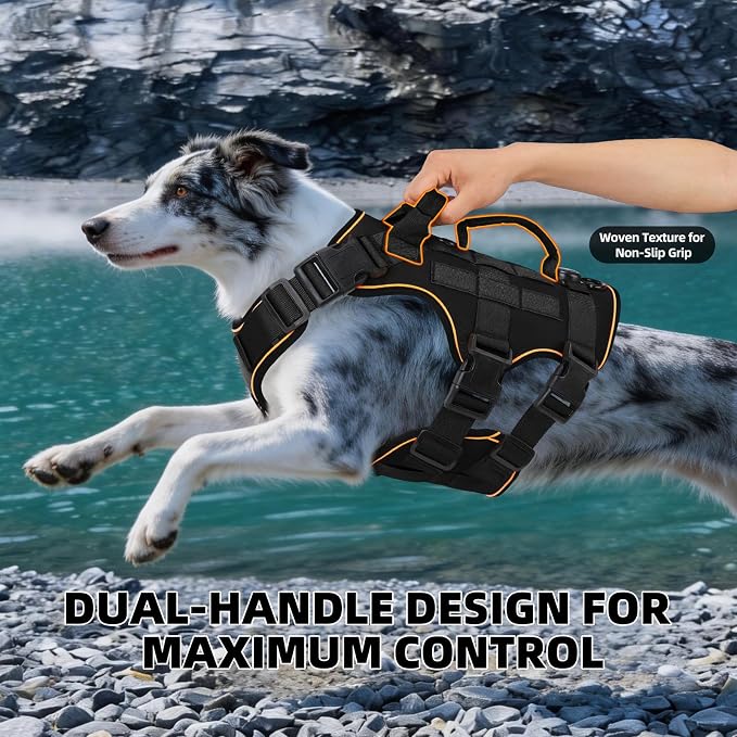 Reflective Tactical Dog Harness with AirTag Holder&3 Pet Patches, Black M | Heavy Duty No Pull Dog Harness, Adjustable Dog Harness, Two Handles, Breathable Mesh Padding, Resists Dirt and Stay Clean