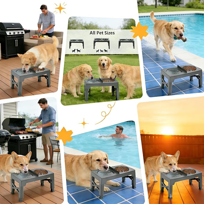 3-in-1 Elevated Slow Feeder and Water Bowls for Dogs, 4 Height Adjustable Raised, Separate Dry and Wet Areas, Prevent Water Overflow, Foldable Pet Bowl