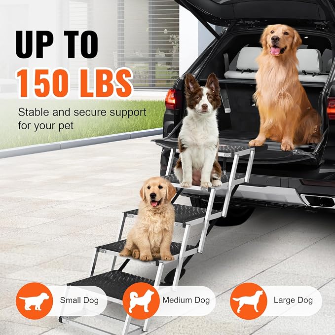 VEVOR Dog Stairs for Car Wide 5-Steps,Folding Dog Car Ramp with Nonslip Surface, Portable Pet Steps Lightweight Aluminum for Car, SUV and Truck, Supports up to 150 lbs