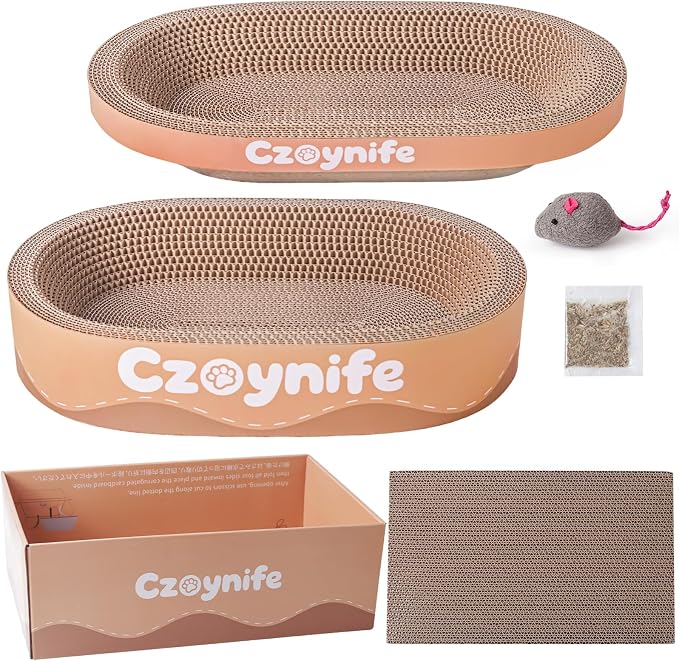 3PCS Cat Scratcher Cardboard, Oval Cat Scratch Pad Bowl Nest for Indoor Cats, Round Cat Scratching Board Corrugated Lounge Cat Bed, Furniture Protector for Couch (Brown, 15.7 * 10 in)