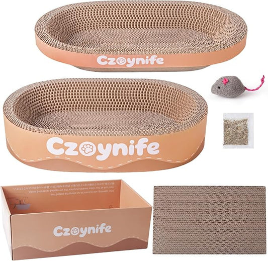3PCS Cat Scratcher Cardboard, Oval Cat Scratch Pad Bowl Nest for Indoor Cats, Round Cat Scratching Board Corrugated Lounge Cat Bed, Furniture Protector for Couch (Brown, 15.7 * 10 in)
