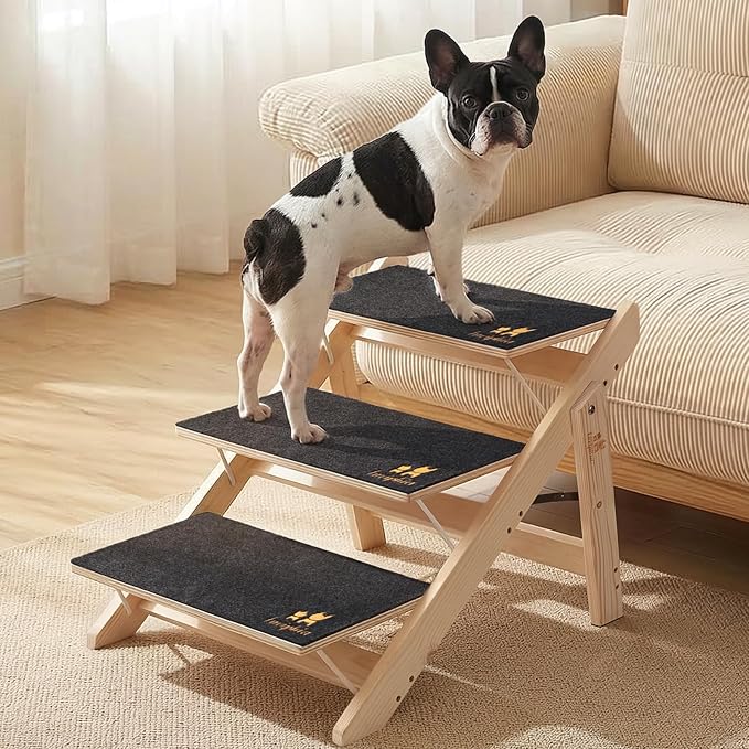 Luciphia Wooden 2-in-1 Dog Stairs, 3-Step Foldable Anti-Slip Pet Steps | For beds, cars, and couch, supports up to 220lbs, ideal for small, aged, and injured dogs and cats, indoor and outdoor use