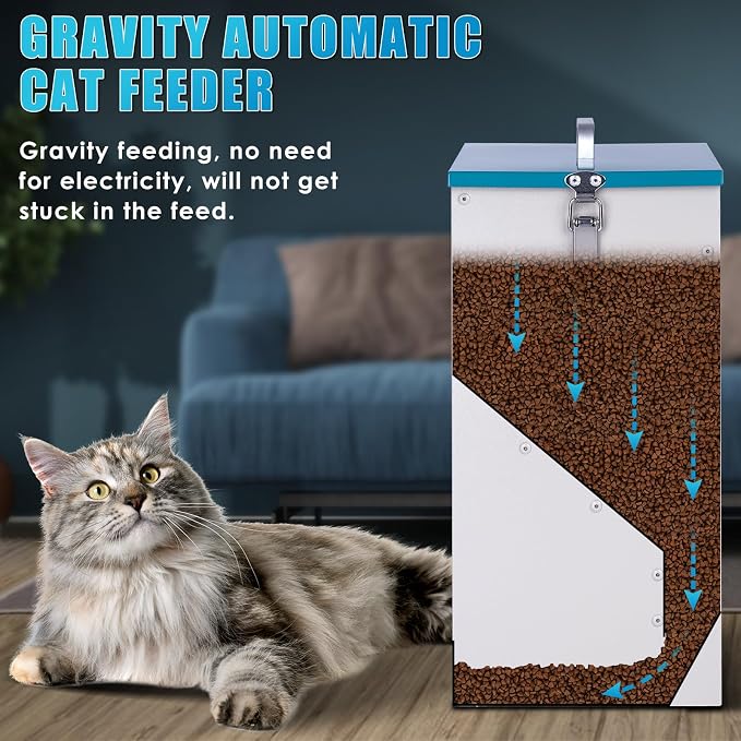 Automatic Cat Feeder Outdoor Dog Dry Food Dispenser Gravity Cat Feeder Pet Feeder for 2 Feral Barn Cats, 42cups/10L Dual