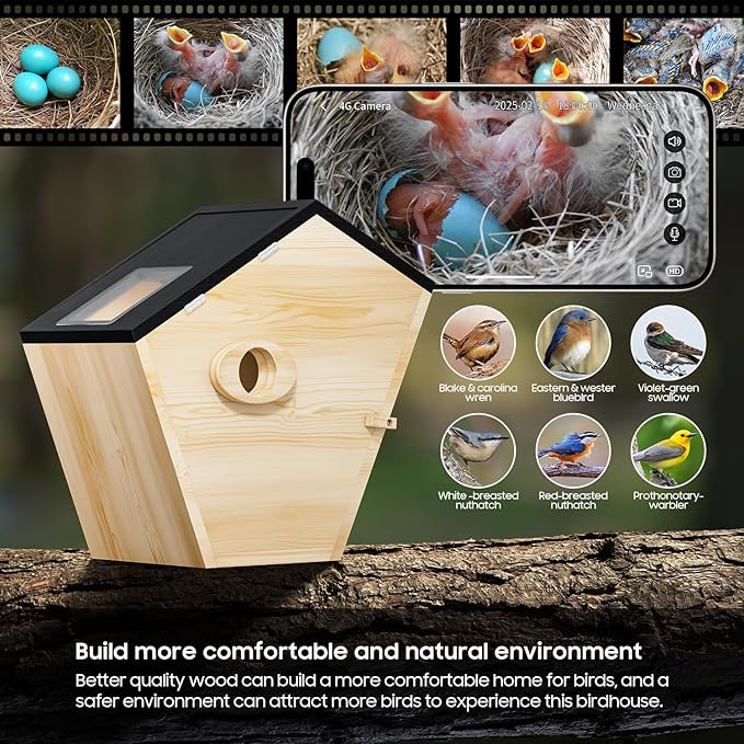 Bird House with Camera, 5MP Smart Birdhouse Camera for Outside with Solar Powered, IP66 Waterproof, Night Vision, Motion Detection & 32GB SD Card, Watch Bird Nesting & Hatching in Real Time