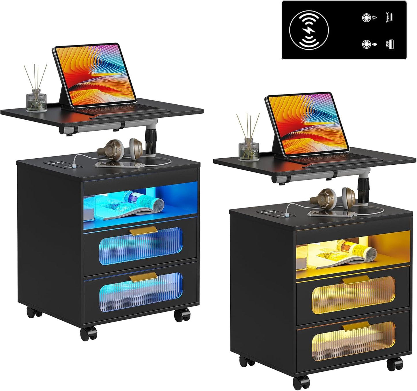 HNEBC Nightstand Set of 2, LED Nightstand with Wireless Charging Station/USB Ports,Smart Nightstand Has Adjustable Rotary Workstation with 2 Drawers,Modern Bedside Table for Bedroom Furniture(Black)